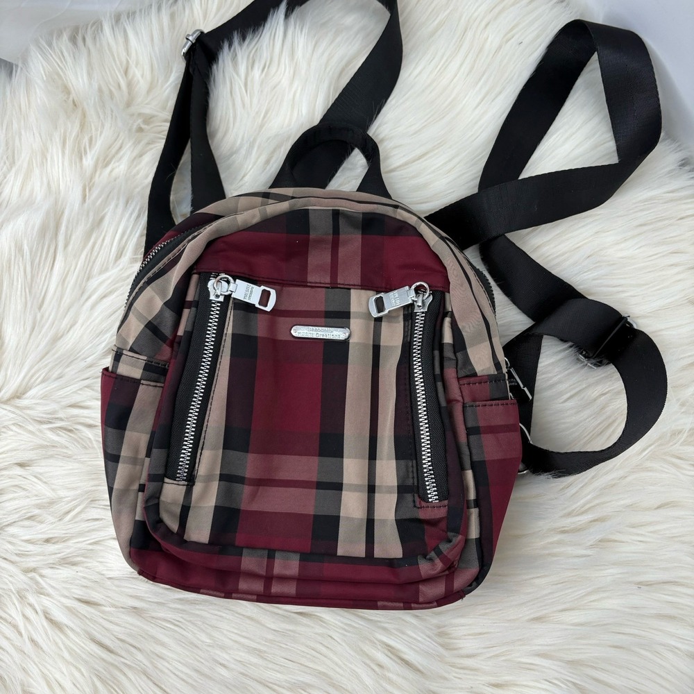 benodetti yusite mini‎ backpack Maroon/black/tan Plaid Multi Zipper 10"